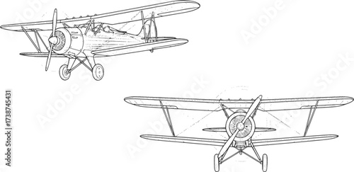 Vintage biplane aircraft outline vector – diagonal and frontal views detailed line drawing
