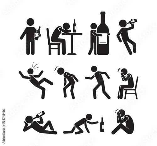 Stickman drunk alcohol icons set. Drunk man drinking beer wine bottle, hangover, falling down, dizzy, crawling, headache, alcohol addiction, alcoholism, party, bar, pub illustration vector silhouette.