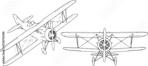 Vintage biplane aircraft outline vector – diagonal and frontal views detailed line drawing
