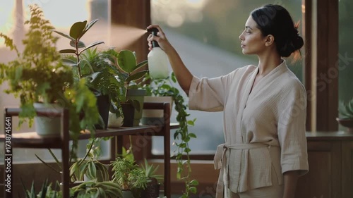 Woman watering plants in sunlit indoor garden