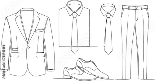 Men's Business Attire Outline Set. Continuous Line Drawing of Professional Clothing Items for Men Vector Illustration for Fashion and Corporate Style.
