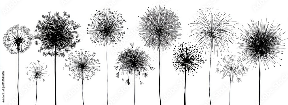 Obraz premium Dandelion Seed Heads Silhouetted Against A White Background
