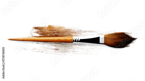A digital rendering of a paintbrush, captured in mid-stroke, against a stark black backdrop. The brush is leaving a brown paint trail behind it.