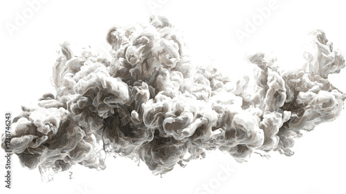A dense cloud of smoky, swirling matter against a stark black backdrop, resembling billowing smoke or a mysterious gaseous formation.