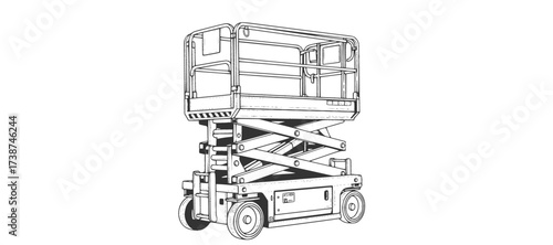 Scissor lift platform sketch with safety rails. Hand-drawn maintenance equipment vector isolated on white.
