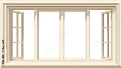 An open window with a white frame and grilles showing the dark view from the house offers a glimpse of the outside world.  