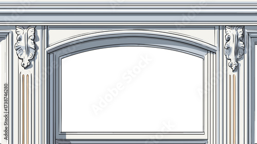 Ornate Architectural Wall Design With Arched Window: A sophisticated design featuring decorative moldings and a window frame. Intricate detail.
