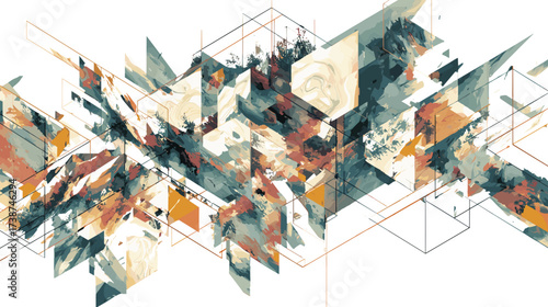 Dynamic digital artwork featuring abstract shapes and painterly textures combined with linear geometric elements for a modern, fragmented aesthetic.