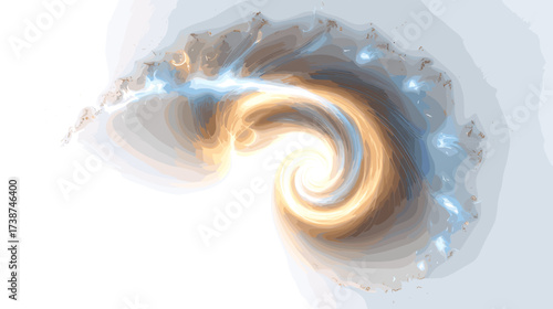 Abstract rendering featuring swirling golden and blue hues against a stark black backdrop, creating an impression of depth and movement.