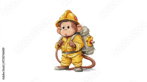 Animated monkey, wearing firefighter gear, stands with a hose on white