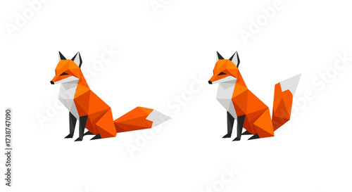 Two low-poly orange foxes sitting on a white background, one with its tail extended and the other with its tail curled.