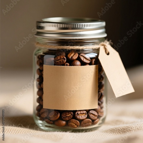 Frasco de vidrio transparente lleno de granos de café tostados, con tapa metálica y etiqueta de papel kraft. Ideal para almacenamiento o regalo, con un toque rústico y elegante