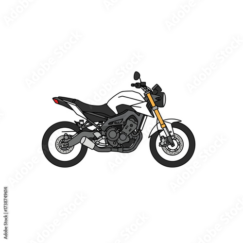 Flat vector illustration of a modern motorcycle, simple bold lines, minimal geometry, clean isolated background, urban transport design