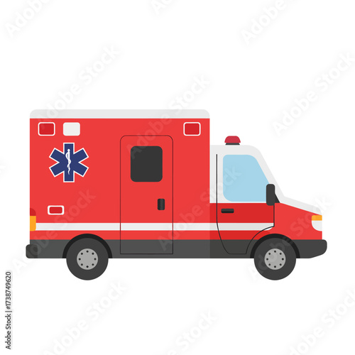 Vector illustration of a modern ambulance van, simplified shapes, bold contrasting red and white palette, flat style, isolated clean background, perfect for medical and emergency service themes