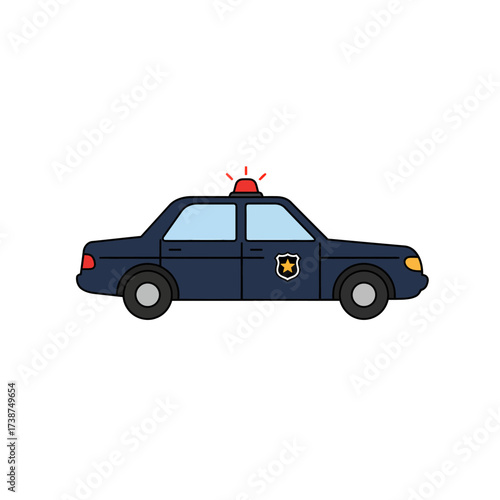 Flat vector 2D minimal illustration of a police car, bold lines, simple shapes, strong color palette, clean isolated background
