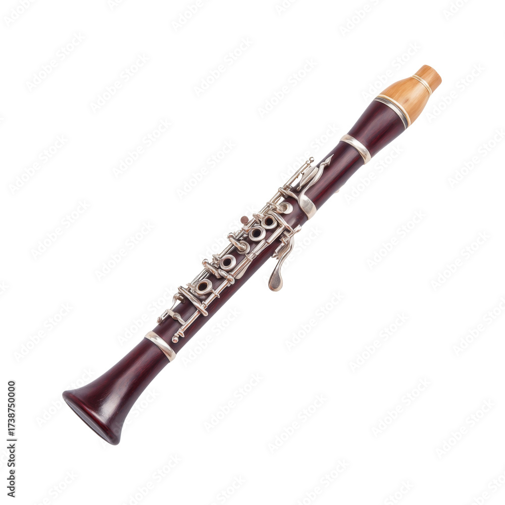 Fototapeta premium Detailed View of a Wooden Clarinet with Silver Keys and Elegant Finish on a White Background