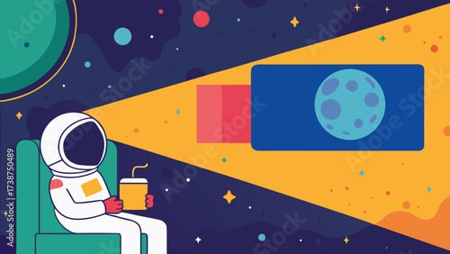Minimalist Astronaut Character Enjoying a Film Screening in Cosmic Space Illustration