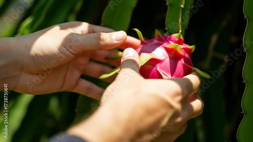 Hands Gently Holding a Vibrant Dragon Fruit on the Vine in Sunlight