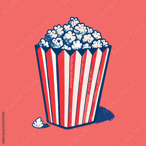 Classic Striped Popcorn Bucket Illustration with Vintage Texture and Shadow