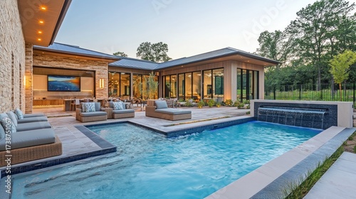 Wallpaper Mural Modern luxury pool house patio with a water feature, featuring comfortable seating, and a large, open-plan design. Torontodigital.ca