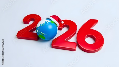 2026 globe with santa hat isolated on white background