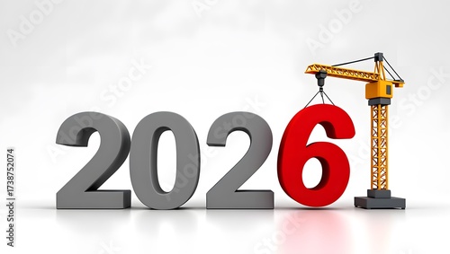 2026 year number with crane construction isolated on white background
