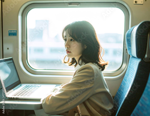 新幹線でノートパソコンを使いながら仕事をする女性 ビジネス 出張 ワーケーション 移動中のリモートワークとフリーランスの働き方