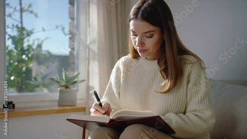 Young woman reading in a sunlit room