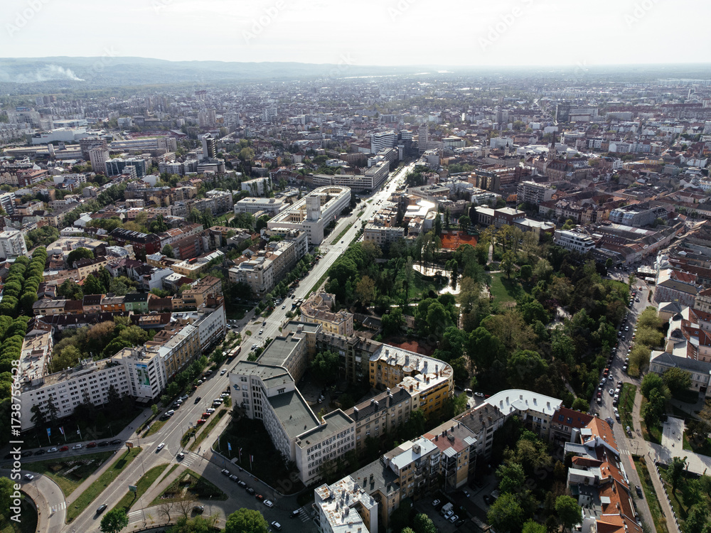 Obraz premium Aerial panorama of Novi Sad with Danube river, bridge and city skyline in Serbia. g.