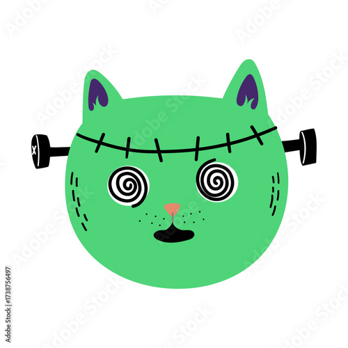 Cartoon Frankenstein cat head with stitches and bolts