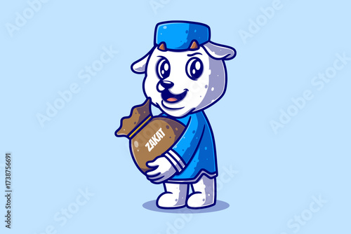 Cartoon goat in blue robe and hat holding a sack labeled ZAKAT
