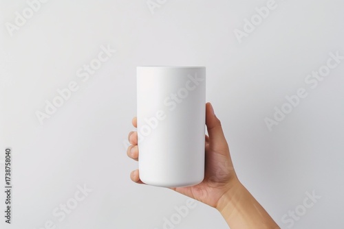 Faceless hands holding blank matte tumbler, clean white background, product mockup concept.