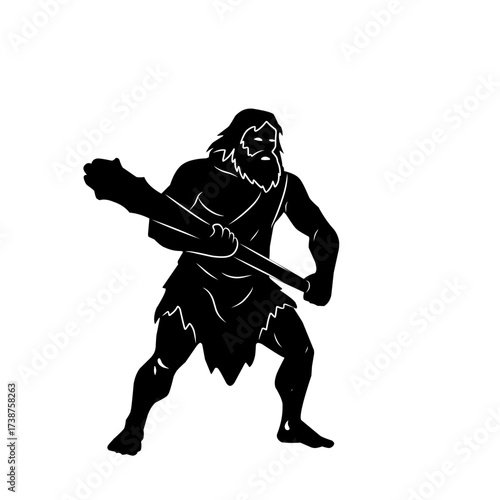 Black silhouette vector of a caveman holding a club, isolated on white background. Perfect for prehistoric illustration, ancient human concept, or survival design element