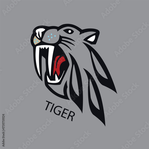 This is a dynamic, modern illustration of a roaring tiger in a stylised and abstract form. The tiger's fierce expression is accentuated by sharp, angular lines, while its vibrant red tongue provides a