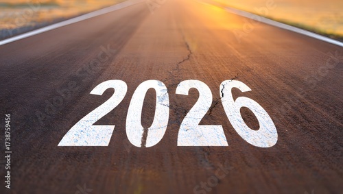 Road with 2026 painted in bold, sunset glow ahead