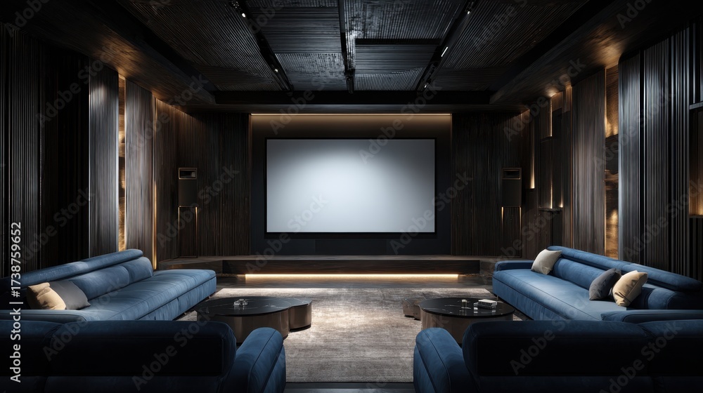Fototapeta premium Luxurious Home Theater Interior - Modern Design with Blue Sofas and Ambient Lighting.