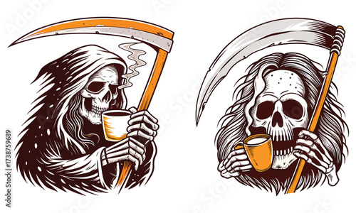 Grim Reaper Coffee Art | Skeleton with Scythe Drinking Coffee Illustration