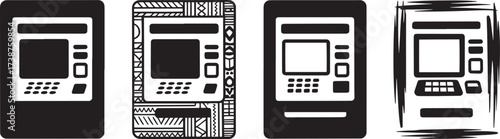 Four ATM machine icons with diverse designs representing financial transactions