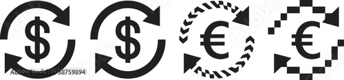 Four black vector icons: dollar and euro currency exchange arrows on transparent background