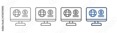 
outline icon set online business with computer, globe and money design