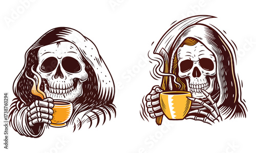 Grim Reaper Coffee Art | Skeleton Drinking Coffee Illustration | Spooky Halloween Design