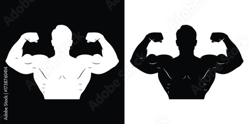 Dynamic black and white silhouette showcases powerful, muscular physique flexing arms