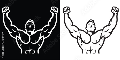 Bold muscular man raising arms in triumph, perfect for fitness brand designs