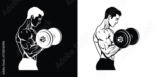 Powerful man lifting weights, building strength and muscle in black and white art