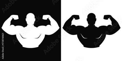 Bold fitness concept featuring strong muscular bodybuilder silhouette in black and white