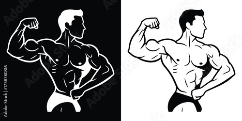 Bold monochrome illustration of a muscular man flexing biceps on black and white