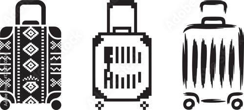 Three travel suitcases with distinct design styles flat vector illustration