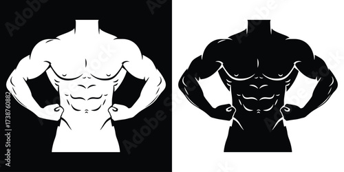 Bold fitness concept showcases sculpted abs and powerful biceps in monochrome style