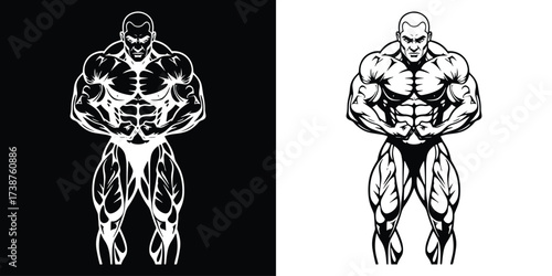 Bold bodybuilder flexing powerful muscles in striking black and white contrast art
