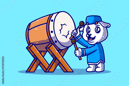 Cartoon sheep in blue attire plays a drum on a wooden stand